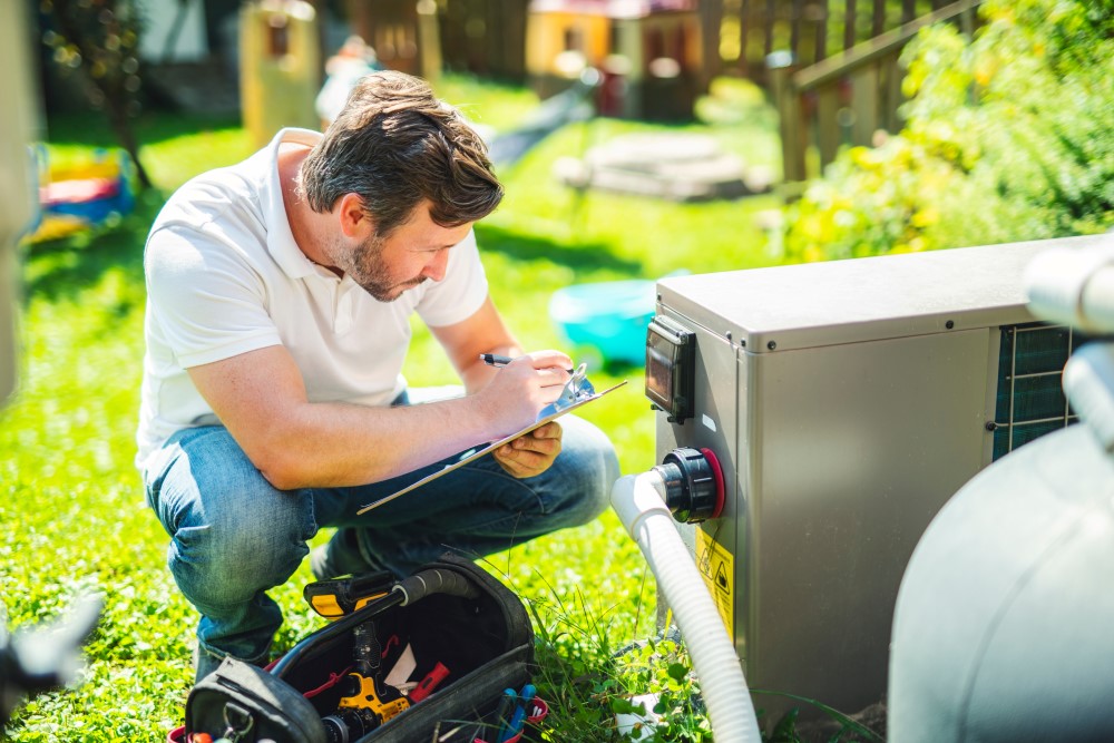 A man examining his pool pump for energy efficiency.